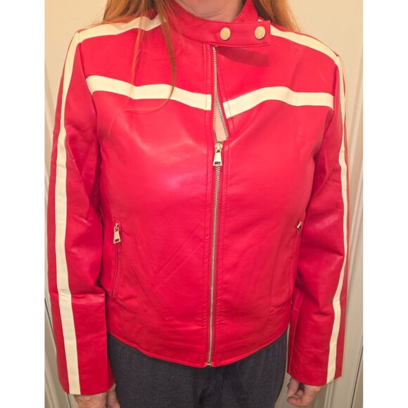 Women's Red Faux Leather Zip Up Moto Biker Y2K Racing Bomber Jackets - Picture 1 of 8